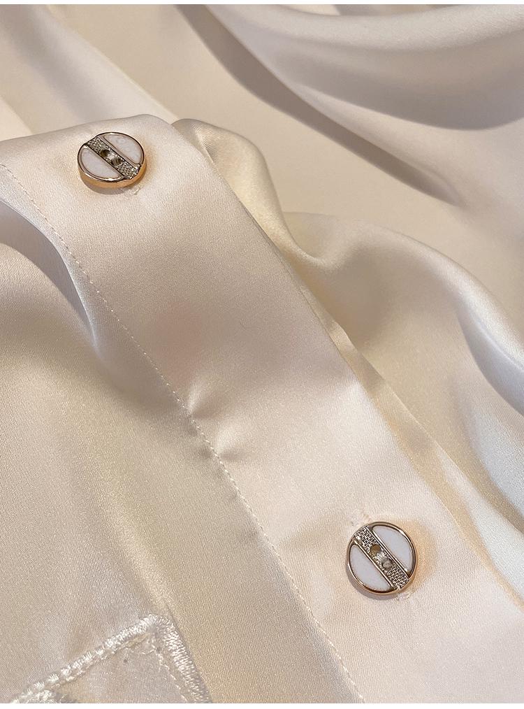 Pigiama da donna in seta: Primavera/Autunno, Colore Unito, Manica a 7/4, Collo di Pizzo, Pantaloni Lunghi, Seta di Gelso, Stile Leggero Estivo.