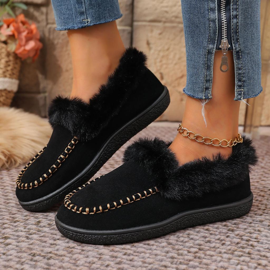2025 Winter New Round Head Fluffy Shoes Retro Fashion Versatile Foreign Style Flat Bottom Velvet Thickened Cotton Shoes Women