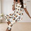 Women Plus Size White Halloween Printed Round Neck Short Sleeve Top Capri Pants Two Piece Pajama Set