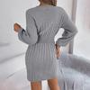Autumn Winter Sexy Cross V Neck Batswing Sleeve Solid Color Wrap Hip Woolen Dress