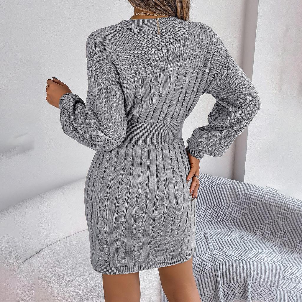 Autumn Winter Sexy Cross V Neck Batswing Sleeve Solid Color Wrap Hip Woolen Dress