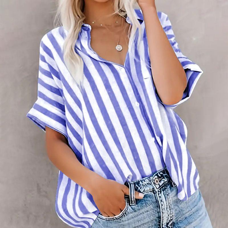 European and American Foreign Trade Women clothes Spring Summer Leisure Commute Print Stripe Contrast Color Short sleeve Cardigan Shirts Women's Top