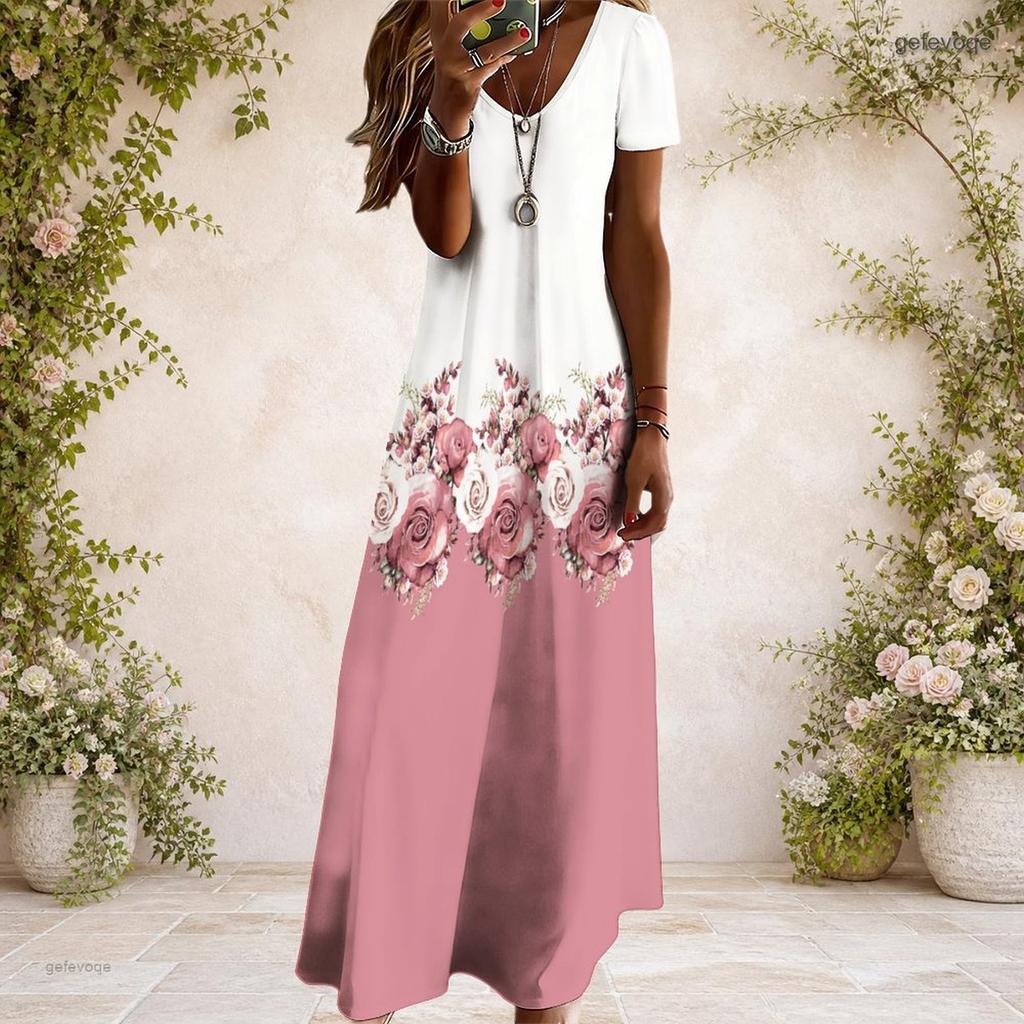 Women Plus Size V Neck Short Sleeve Black White Printed Straight Maxi Dress