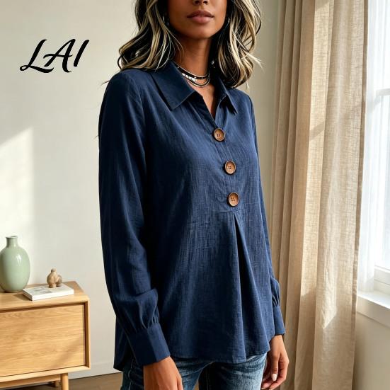 Comfortable Spring Autumn Blouses Women Button Down Shirt Blouse Long Sleeve V Neck Loose Flowy Wrinkle Resistant Moisture Wicking Shirts Breathable