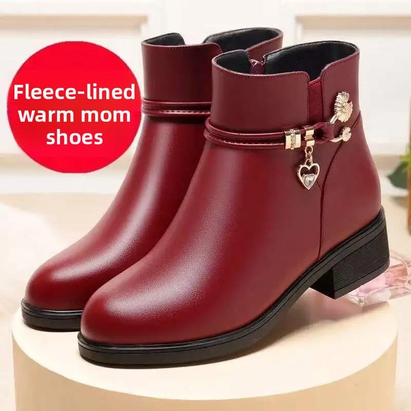 Soft Leather Cotton Shoes Thickened Women's Boots Mom Shoes Autumn Winter Warm Fluffy Mid-Calf Boots Sweet Style Rubber Surface