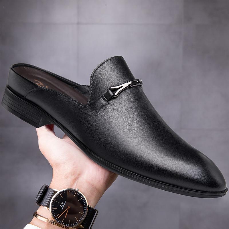 Hollow Out Mules Men Half Shoes For Man Genuine Leather Semi-Drag Casual Shoes Backless Loafers Large Size Closed Toe Sandals