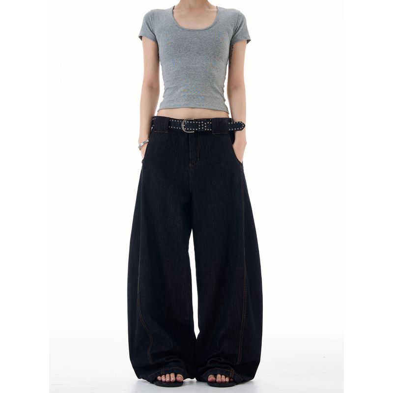 Madwitch Retro Simple Wide-Leg Scimitar Jeans Unisex Loose Casual Cleanfit High-Sense Pants