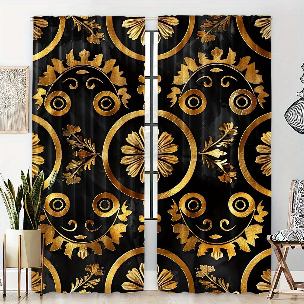 

Полузатемняющая штора из 2 панелей, черный и золотой геометрический паркетный дизайн, современный карманный карниз для спальни, домашний декор 100W130H(CM)&Rod Pocket