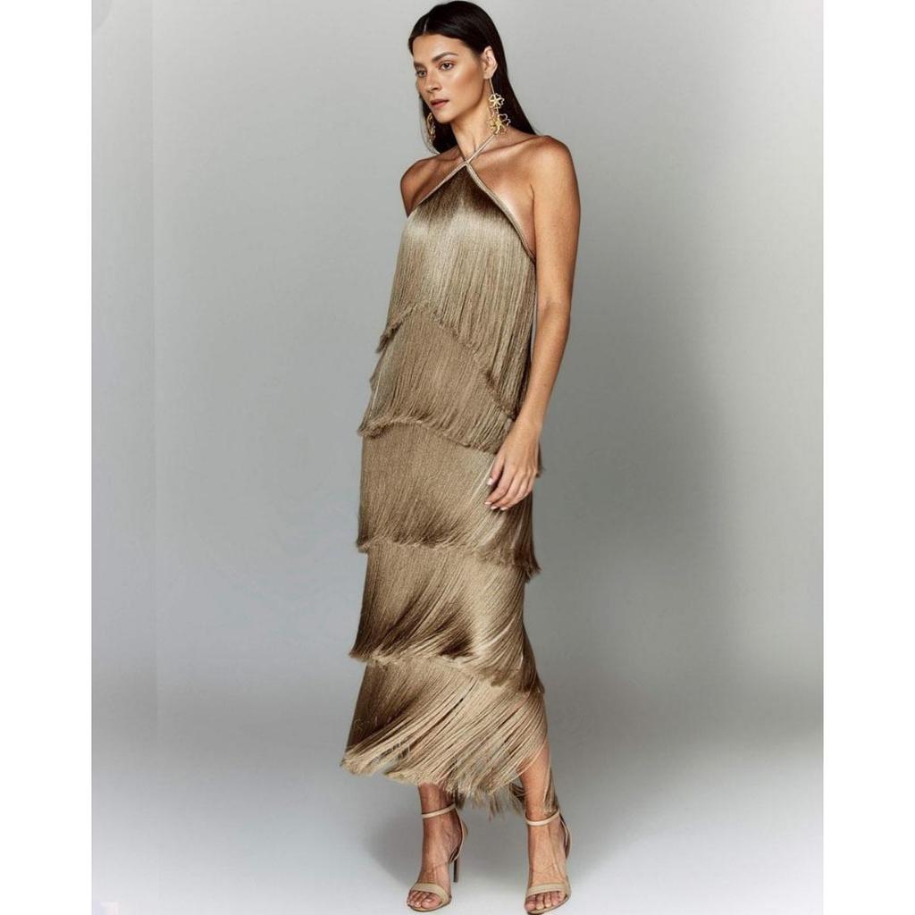 European American Fashion Halter Backless Slit Tassel Maxi Dress for Women