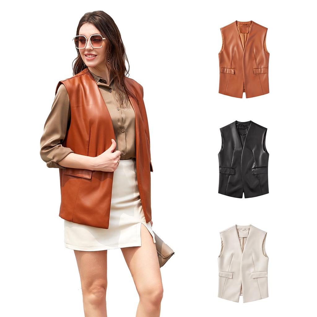 Plus Size Women's Sleeveless PU Leather Vest & Short Cardigan Jacket