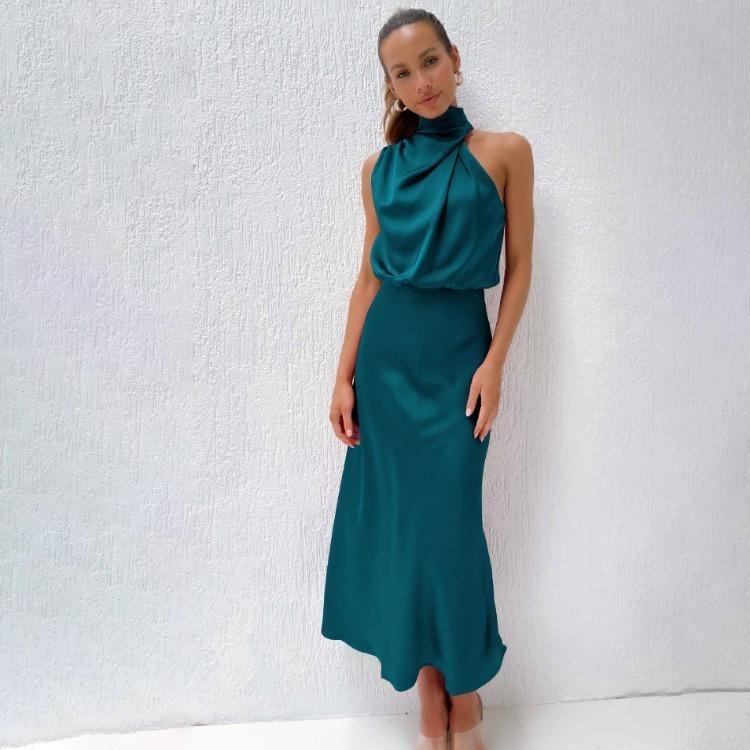 Elegant Women Summer Halter Sleeveless Long A-Line High Waist Solid Color Evening Dresses