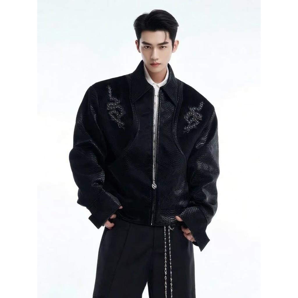 ins Harajuku temperament popular literature lazy trend simple new snake skin pattern embroidery rivet splicing leather jacket