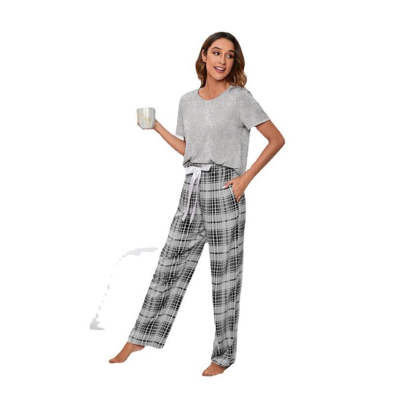 Dam sommar enfärgad rund hals tryck avslappnad hemmakläder pyjamasset i stora storlekar