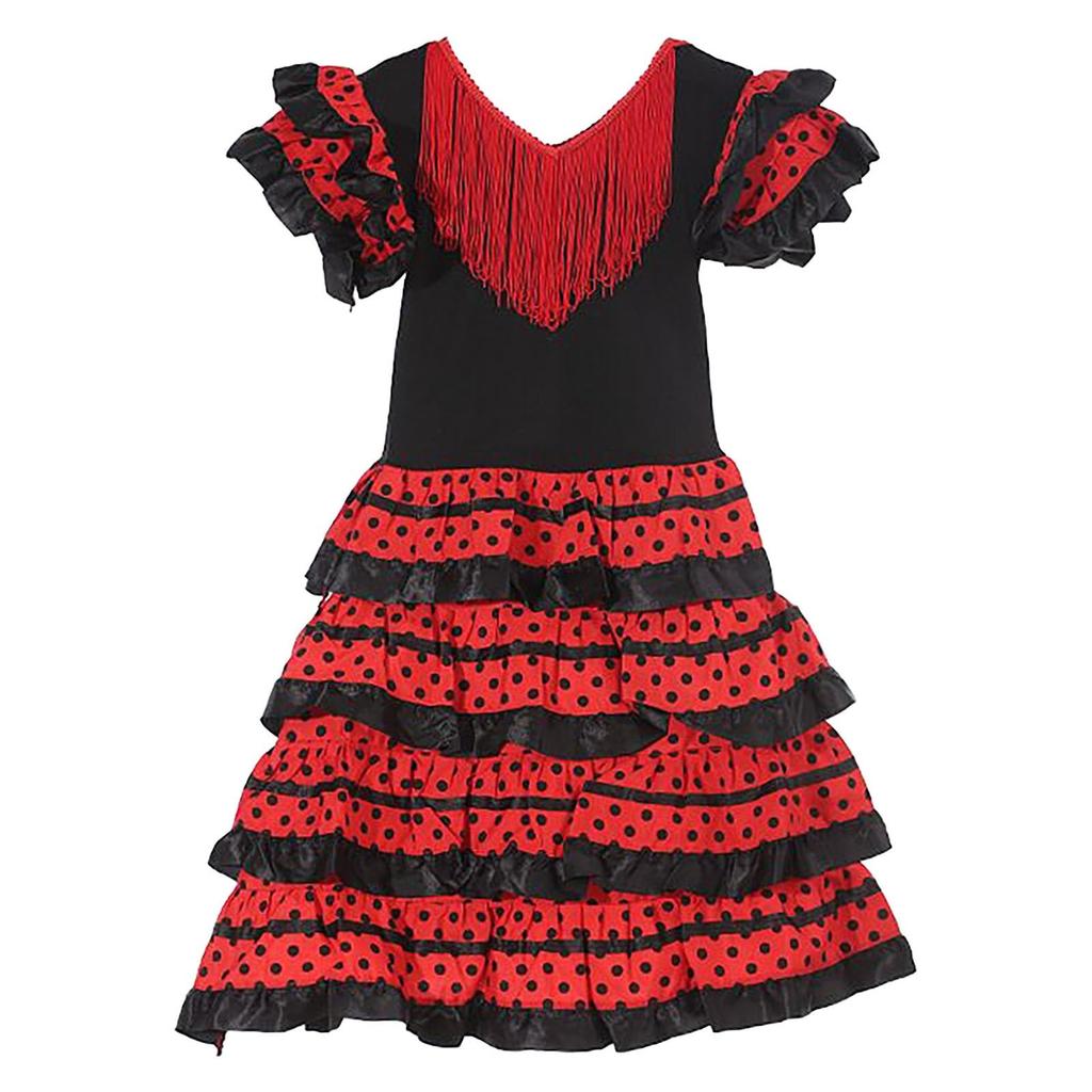 Dívčí Flamenco taneční šaty Vrstvená volánková sukně Krátký rukáv Výstřih do V Styl princezny Párty kostým Šaty pro děti