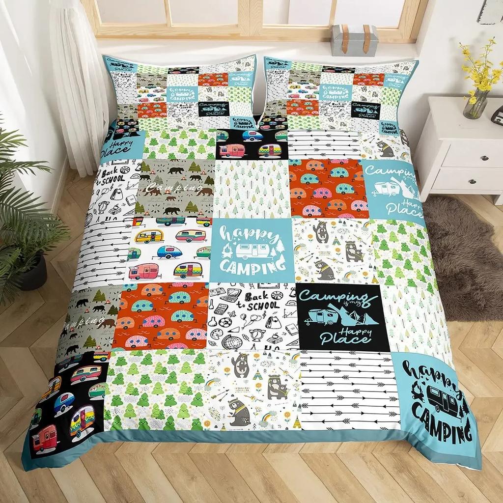 Happy Camping Bettbezug-Set Camper Bettdeckenbezug Vintage Alte Scheunentür Bettwäscheset Cowboys Holz Bauernhausstil Tagesdecke