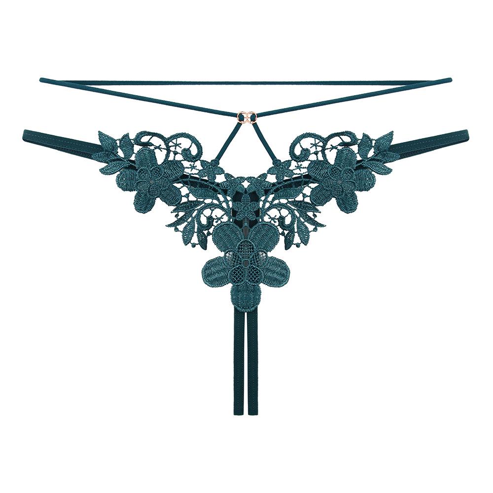 French Romantic Embroidered Sexy Rhinestone Thong: Erotic Open Crotch with Removable Design