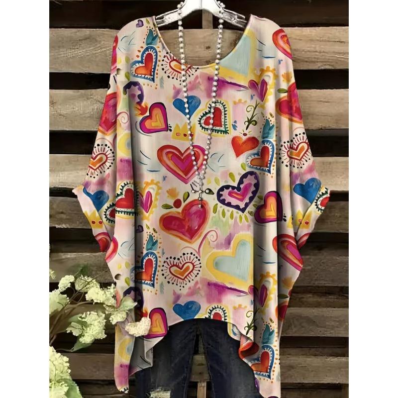 Damen T-Shirts Regenbogen gestreift Herzmuster Rundhals-Tees Vintage Asymmetrischer Saum Rundhals-Oberteile Vielseitige Lockere Damenbekleidung