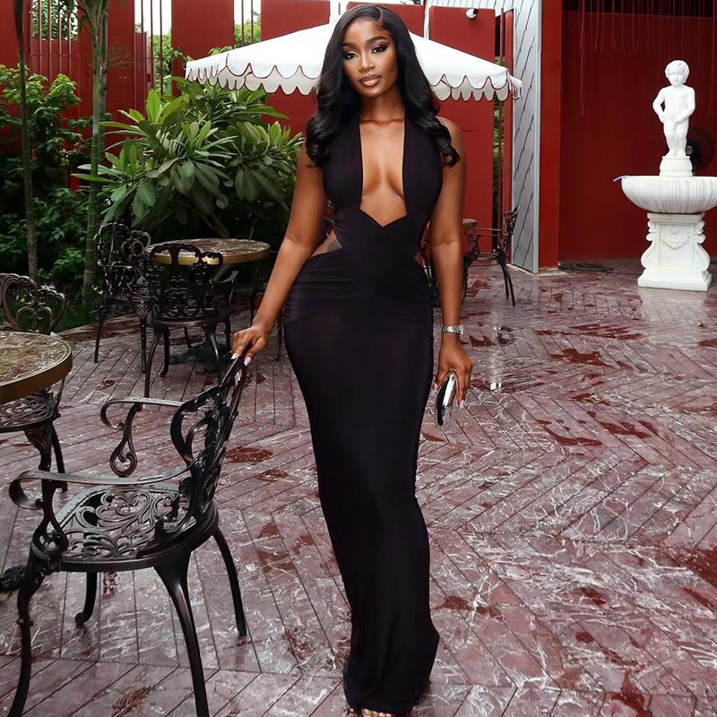 Women Halter Deep V Cutout Bodycon Maxi Dress Solid Color Ruched Mermaid Pencil Dress Black Club Party Evening Dress 2025 Summer Streetwear