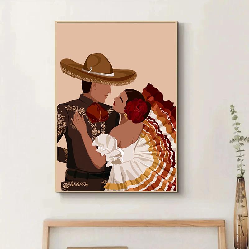 Abstraktní mexická lidová taneční hudba Etnická dívka Červená sukně Kreslený plakát Malba na plátně Retro nástěnné umění Obrázek Domácí barová dekorace