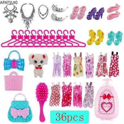 36 pièces/ensemble Accessoires pour Poupées 1/6 Pour Poupée Barbie Robes Tenues Vêtements Chaussures Décoration Maison de Poupée Couronne Sac Valise Miniature