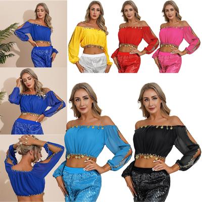 Womens Sequined Beaded Belly Dance Crop Top Long Puff Sleeve Split Halloween Party Costume