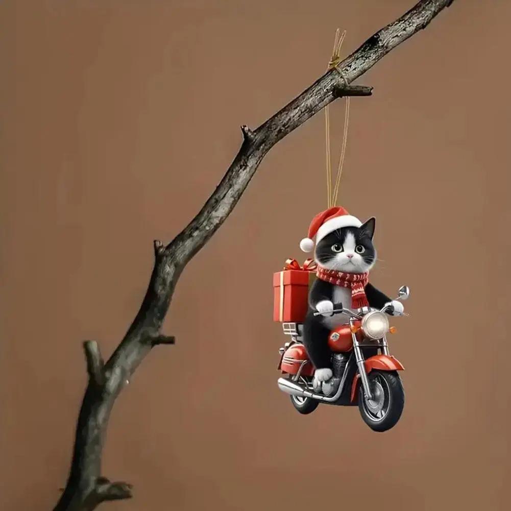 Motorcycle Cat Acrylic Hanging Decoration Christmas Tree Car 2D Flat Riding Kitten Hanging Ornament Cartoon Pendant For Christma 7