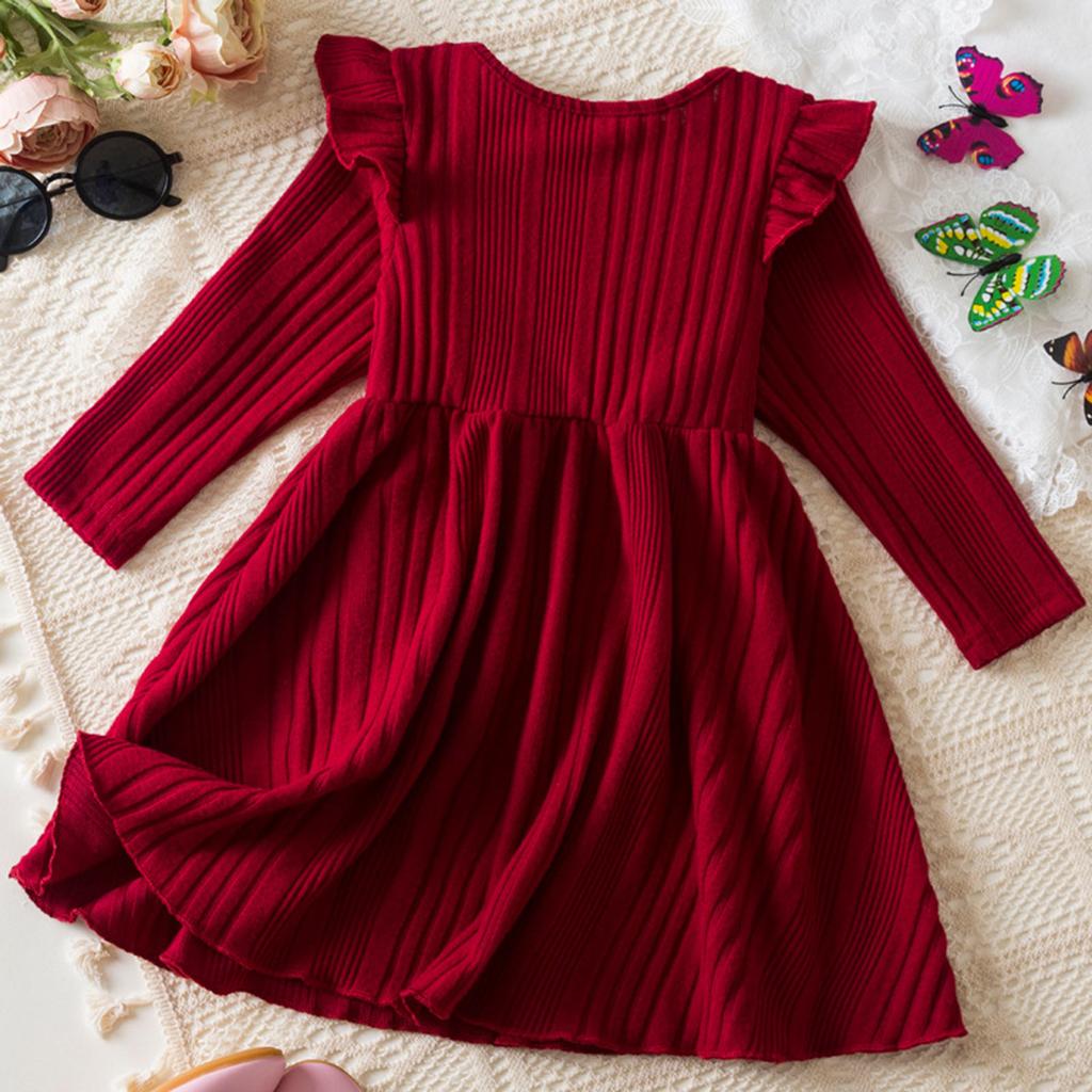 Girls Fashion Cute Fly Sleeve Long Sleeve Princess Dress Solid Color Dresses