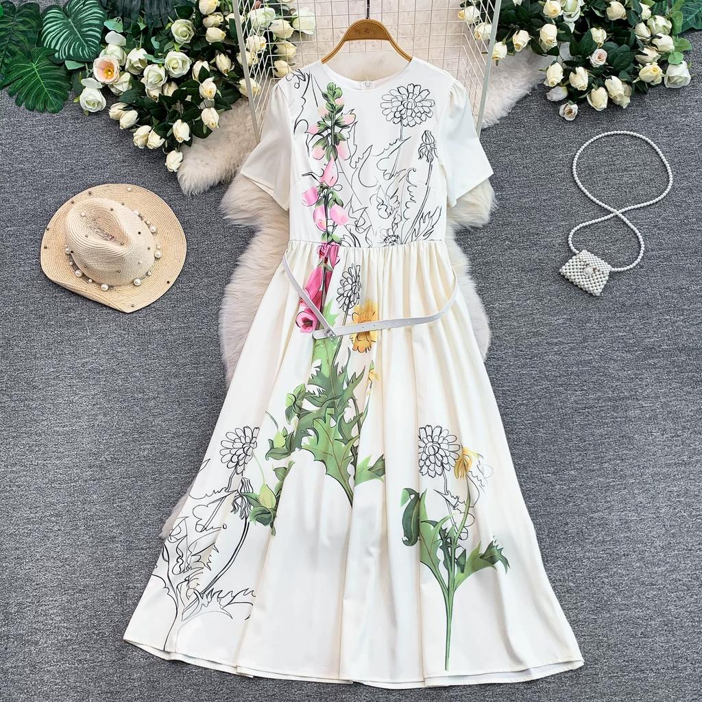 2026 New Summer Women Floral Print Short Sleeve Midi Long Elegant Gorgeous Bridesmaid Cocktail Party Dress with Round Neck