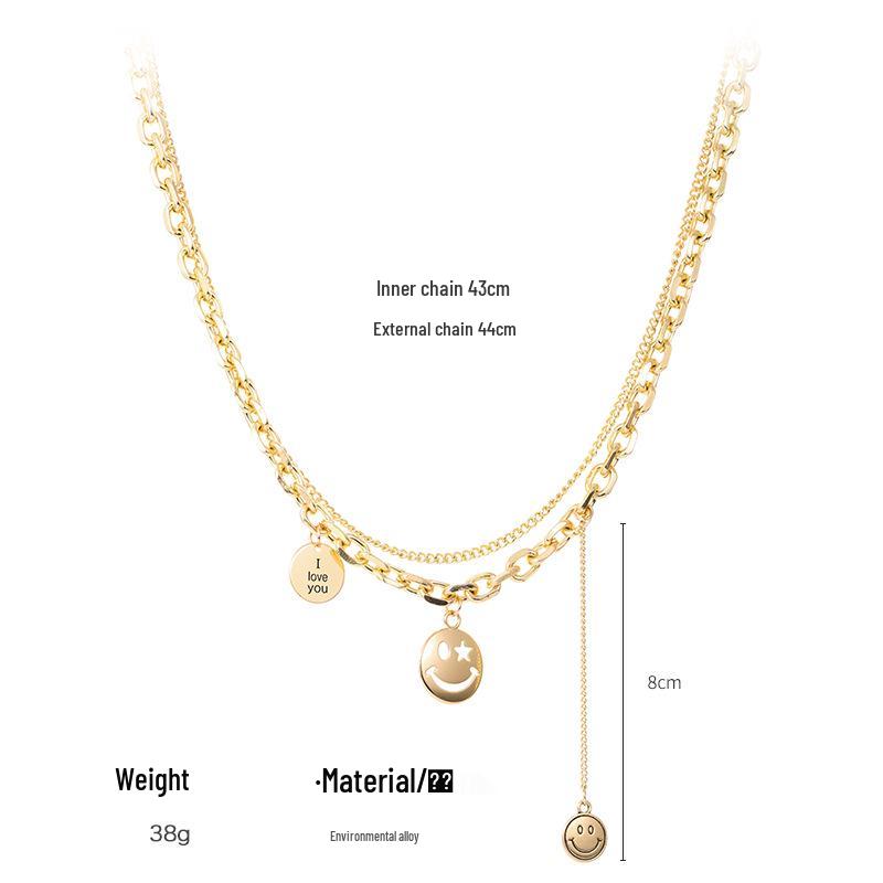 KJ Electroplated Smiley Face Double Layer Necklace Unisex Hip Hop Style European American INS Cuban Chain