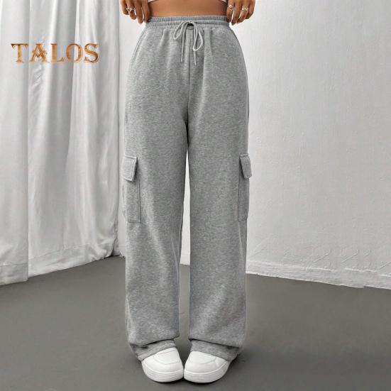 Pantaloni cargo pentru femei, cu talie elastică, cu șnur ajustabil, pantaloni drepti, cu picioare largi, pantaloni lungi sport de culoare solidă