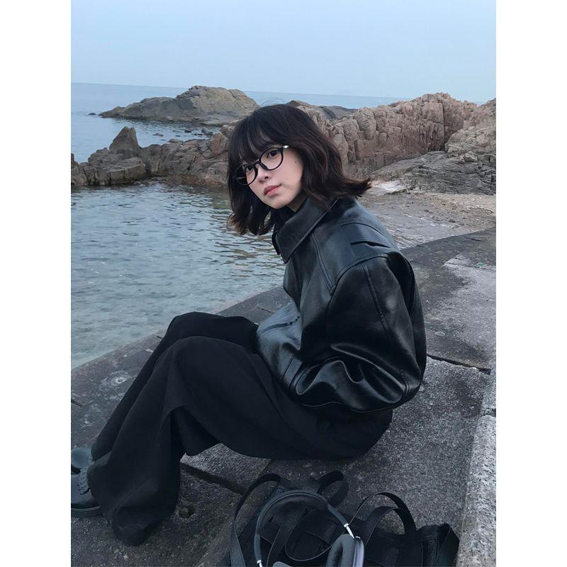 

Black Leather Coat Outerwear Women Short 2025 Spring and Autumn New Western Style Small Senior Retro Motorcycle Lapel Jacket Black M