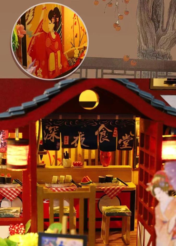 Moin Moin 1/24 Dollhouse Miniature DIY Kit Set: A Japanese-style Inn with a Focus On Japanese Cuisine - Wakii - Midnight Diner, Sushi, Watermelon, Pon