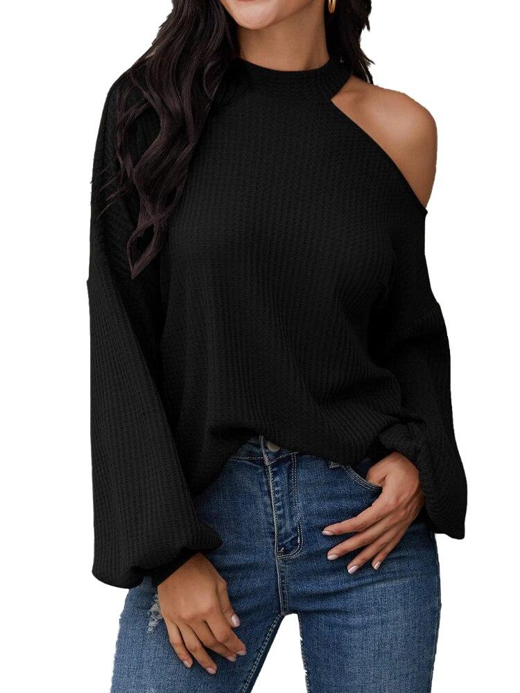 

Осень 2022, новая мода, сексуальный топ с круглым вырезом с открытыми плечами, элегантная ажурная рубашка, женский пуловер, свободный повседневный вафельный свитер с длинным рукавом S чёрный