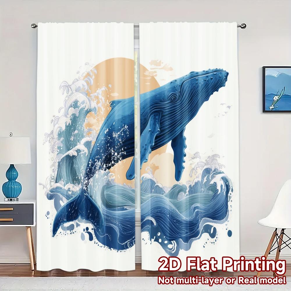 

Set Of 2 Minimalist Flat Printing Curtains Without Rod Ocean Symphony Chic Durable Polyester Home Decor Curtain W100*H70(CM)-Grommet top&1PCS