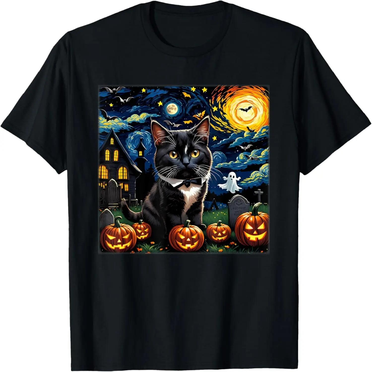 Spooky Halloween Tuxedo Cat Starry Night T-Shirt S