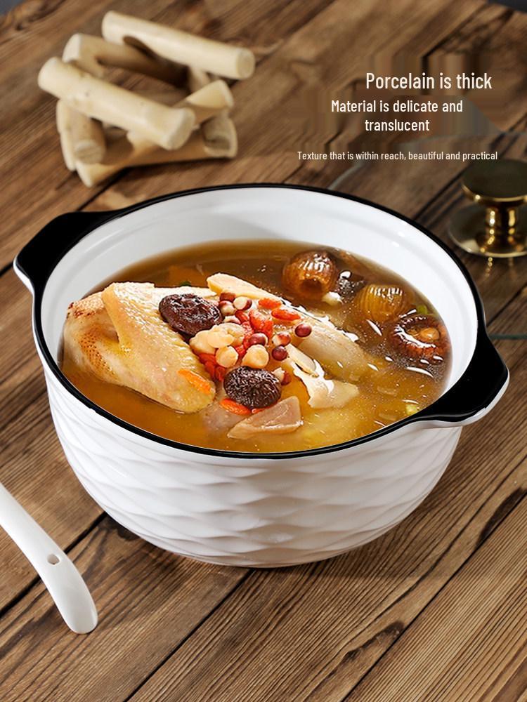 2025 Large 10.5-inch Double-Ear Ceramic Sauerkraut Fish Bowl with Lid - Anti-Scald, High-Capacity Soup Basin