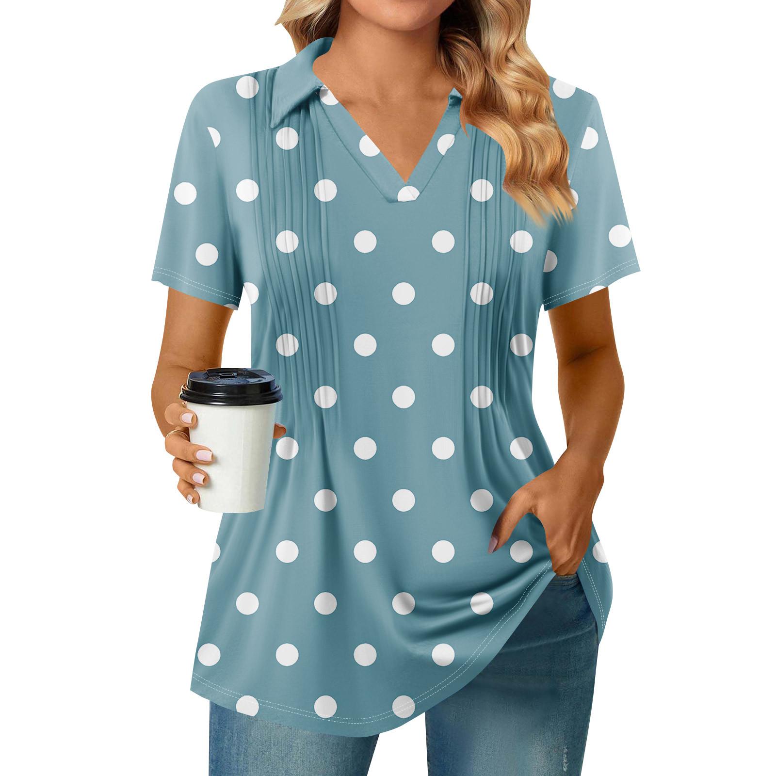 

Жіночі футболки з короткими рукавами, плісировані футболки з V-подібним вирізом, літні топи з коміром, модні ділові повсякденні робочі XXXL