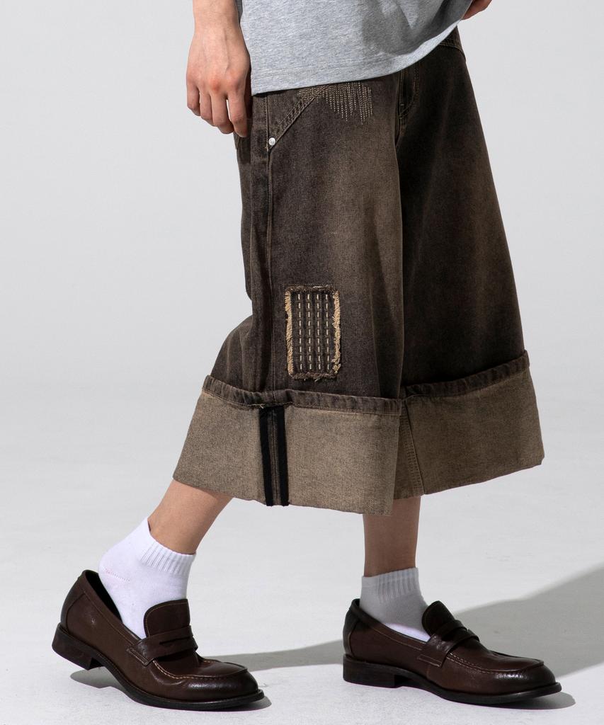 XTONZ Xp284 Boro Patchwork Bermuda Denim Pants (Brown)