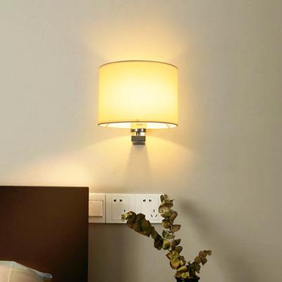 Lámpara de Pared LED Moderna con Bombilla E27 Pantalla Redonda de Tela Apliques de Pared Iluminación Interior para Hotel Dormitorio Mesita de Noche Decoración del Hogar