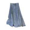 Women's Retro Distressed High-Waisted A-Line Washed Midi Denim Skirt Long Jean Skirts Pleated Flowy Swing A-line Denim Skirts for Women