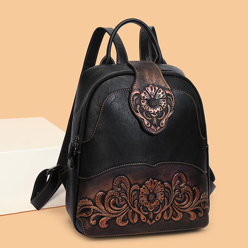 Western Tooled PU Leather Backpack for Women, Vintage Embossed Floral Backpack, Casual Travel Daypack Purse
