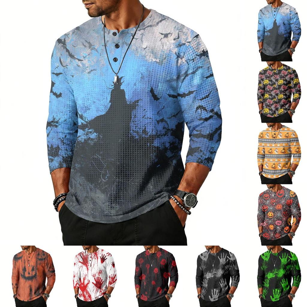 Men's Casual Halloween Print Henley Shirt Raglan Three Quarter Sleeve Top Lightweight Breathable Fabric Comfortable Fit