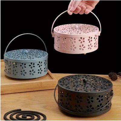 Retro Cast Iron Mosquito Coil Box-Flower Hollow Art Design Outdoor Camping Mosquito Repellent Artifact + Household Stove | Portable Handle Travel Set