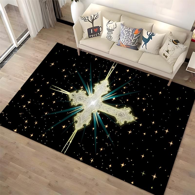 Shiny Cross with Starry Background Rug Non-slip rug suitable for living room and bedroom sofas.