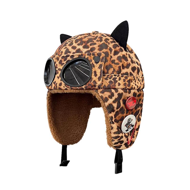 Pilot glasses cat ear ear protection hat men and women winter velvet warm leopard print corduroy cycling cotton hat