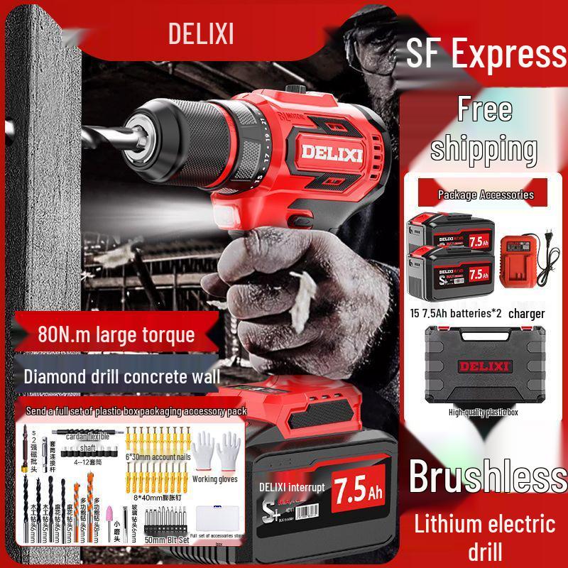 Delixi Brushless Lithium Electric Hand Drill - Pistol Grip for Household Wall Drilling and Impact Holes