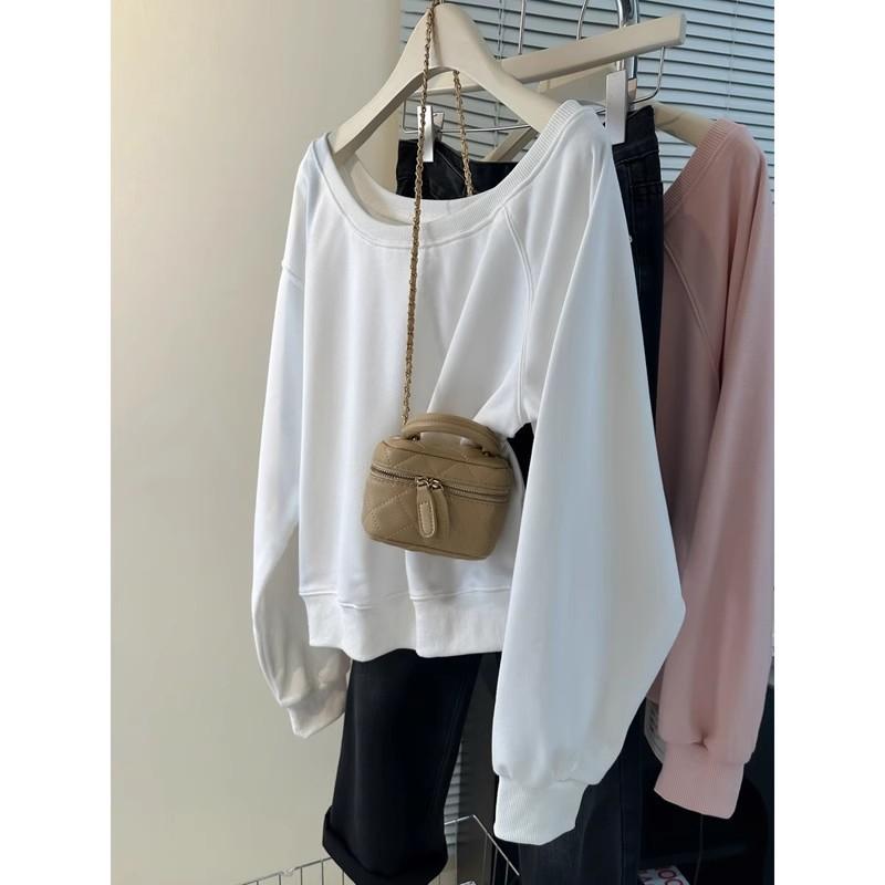 Einfarbiger Pullover ohne Kapuze mit diagonalem Ausschnitt für Damen, dünn, locker, langärmlig, gerafft, schulterfrei