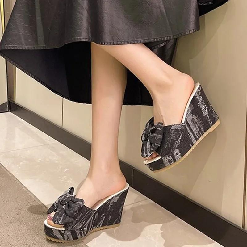 Fashion Wedges Denim Slippers Women 2024 Summer Platform Mules Bow Knot Sandalias Mujer Slides Woman 10cm High Heels Beach Shoes Slides