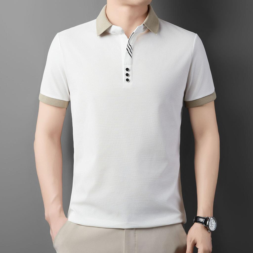 Summer Men's Polo Shirt Jacquard T-shirt Lapel Collar Color Block Casual Short Sleeve Tees Breathable Male Button Tops