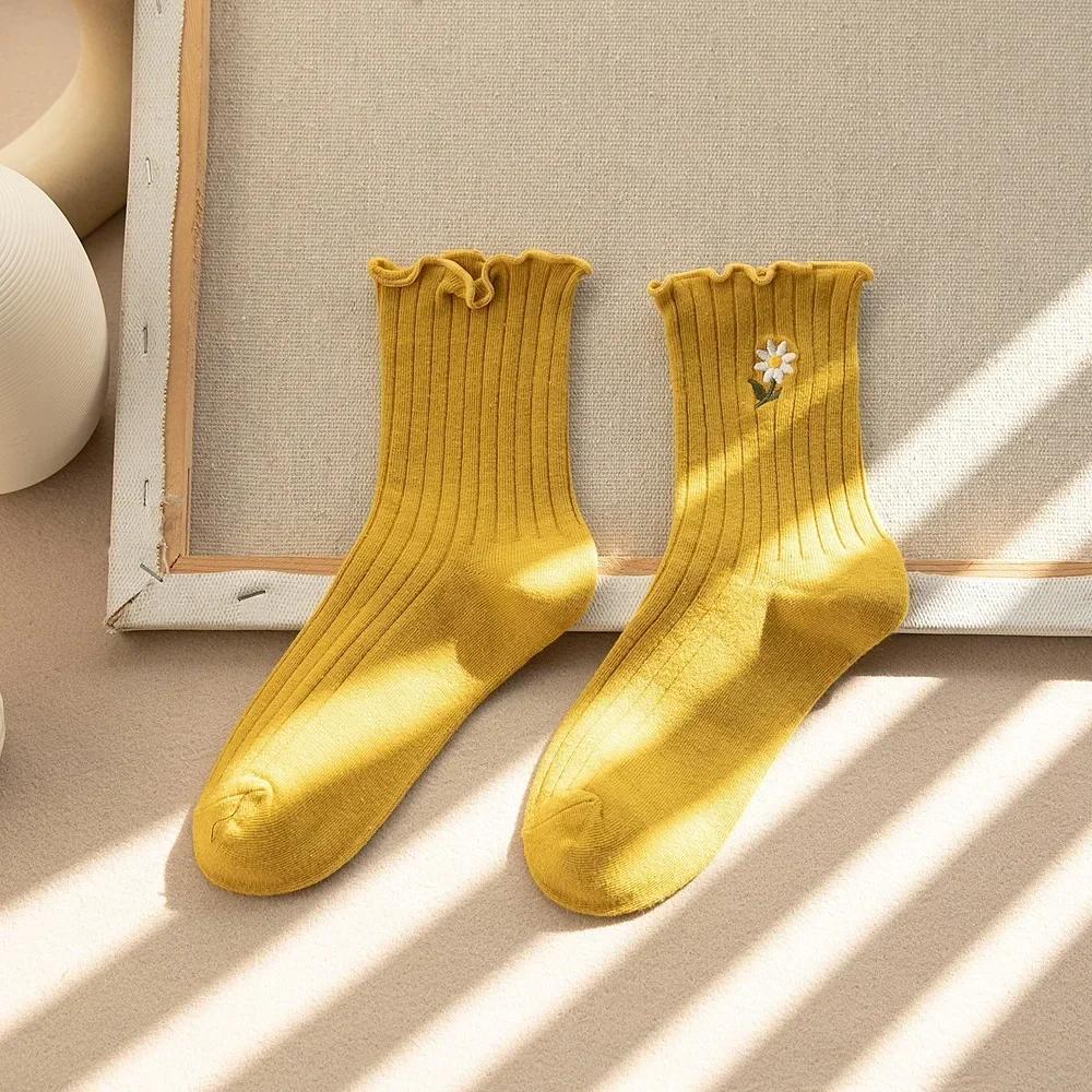 Women Socks Korean Japanese Style Cartoon Green Flower Harajuku Cute Kawaii Mid Tube Socks Breathable Casual Short  Cotton Socks